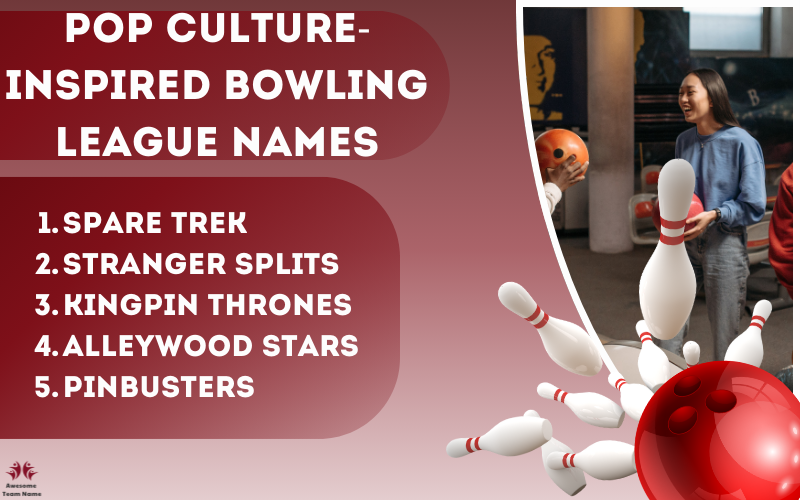 Pop culture-inspired bowling league team names displayed on a creative bowling-themed background, blending humor and nostalgia