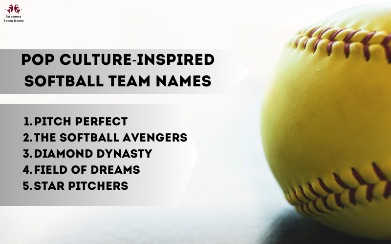 Unique and creative softball team names inspired by pop culture, displayed on a vibrant team jersey background